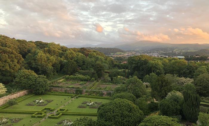View to Conwy Castle from Bodysgallen at sunset